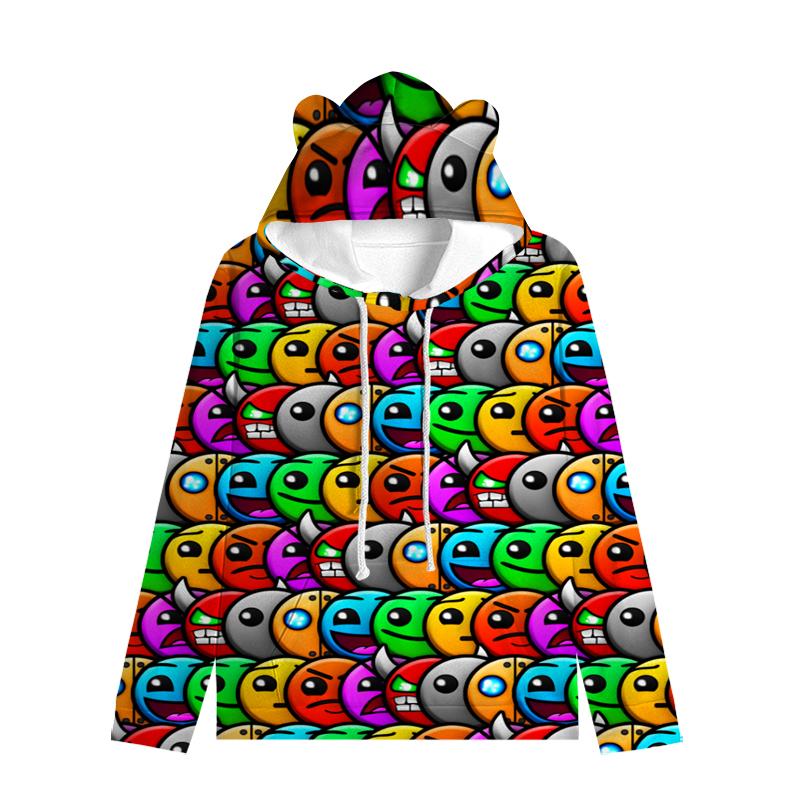 Dětská mikina Angry Geometry Dash pro chlapce Dívčí mikina Harajuku Streetwear Hip Hop Kawaii Cat Ear Pullover s kapucí