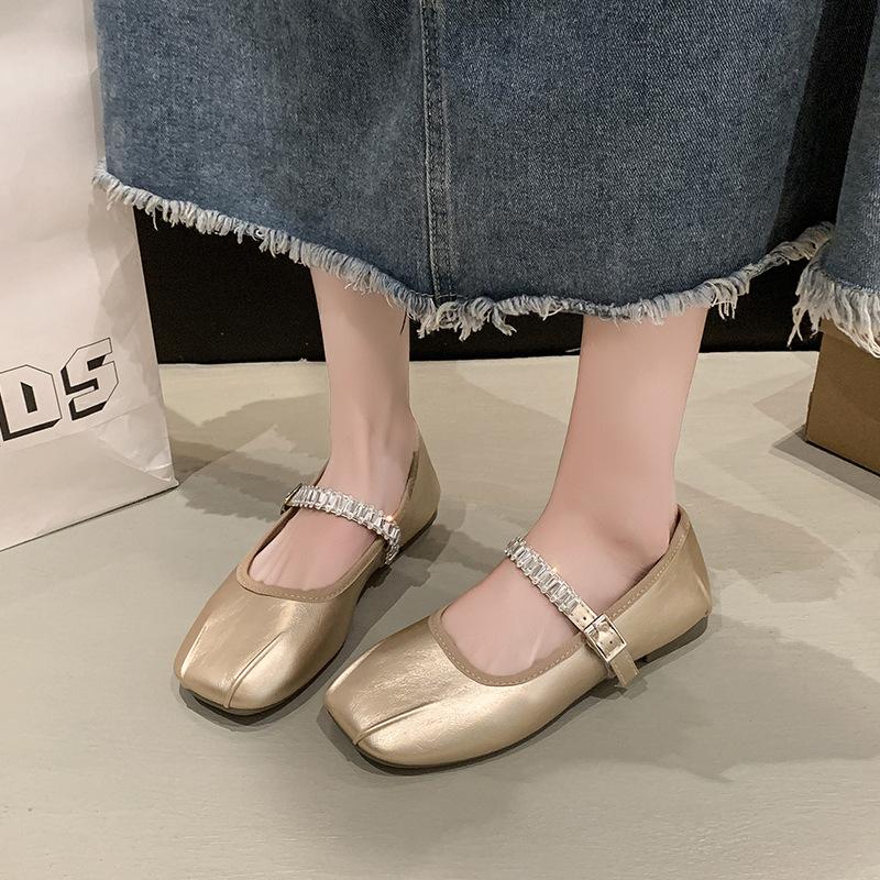 French Ballet Style Flat-soled Single Shoes Women's 2025 Summer and Autumn New Models with Skirts, Evening Shoes, Rhinestone Mary Jane Small Leat