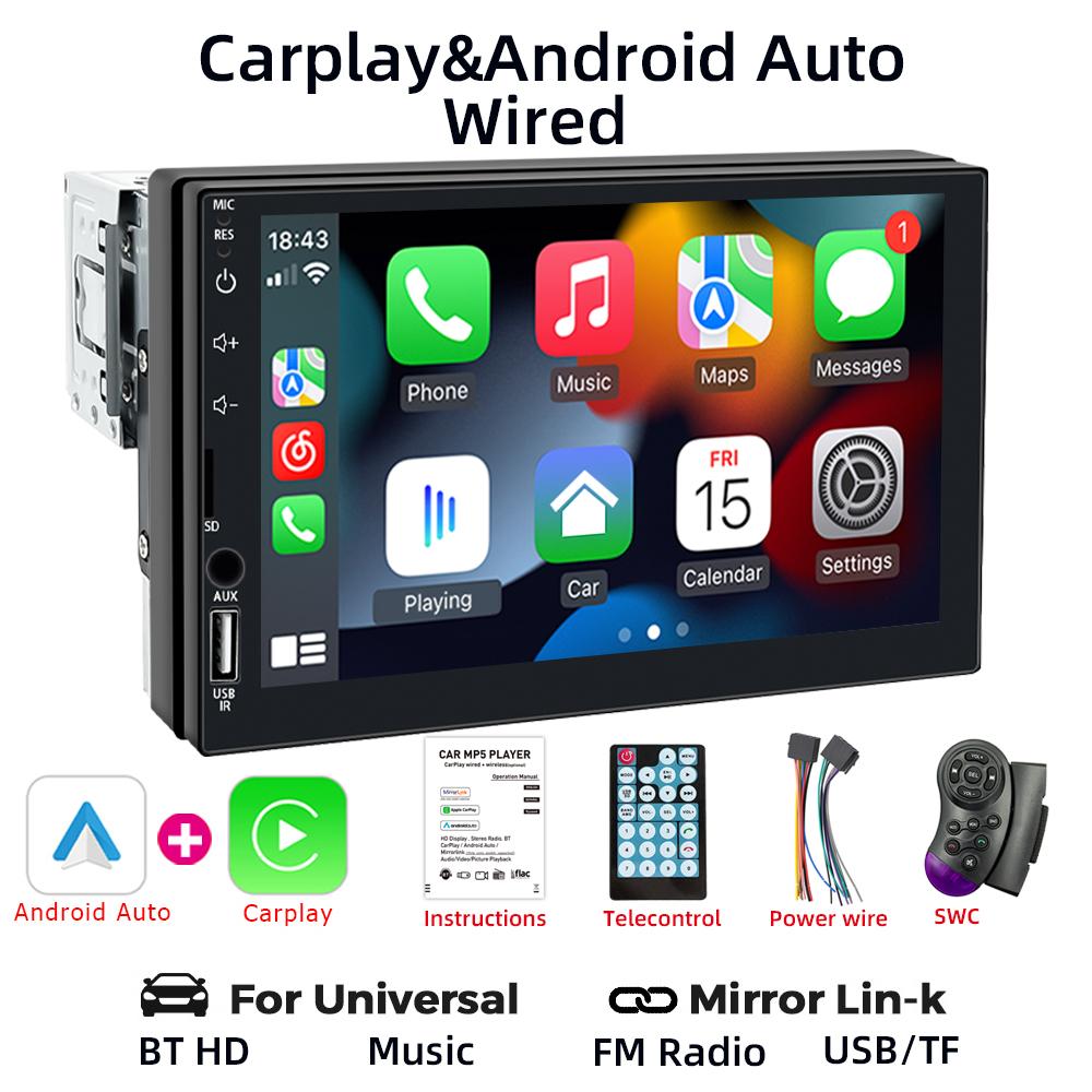 HIPPBQCC 7" Car Radio Carplay Android Auto 1 Din Multimedia Player HD Touch Screen FM AUX Input Bluetooth MirrorLink Universal