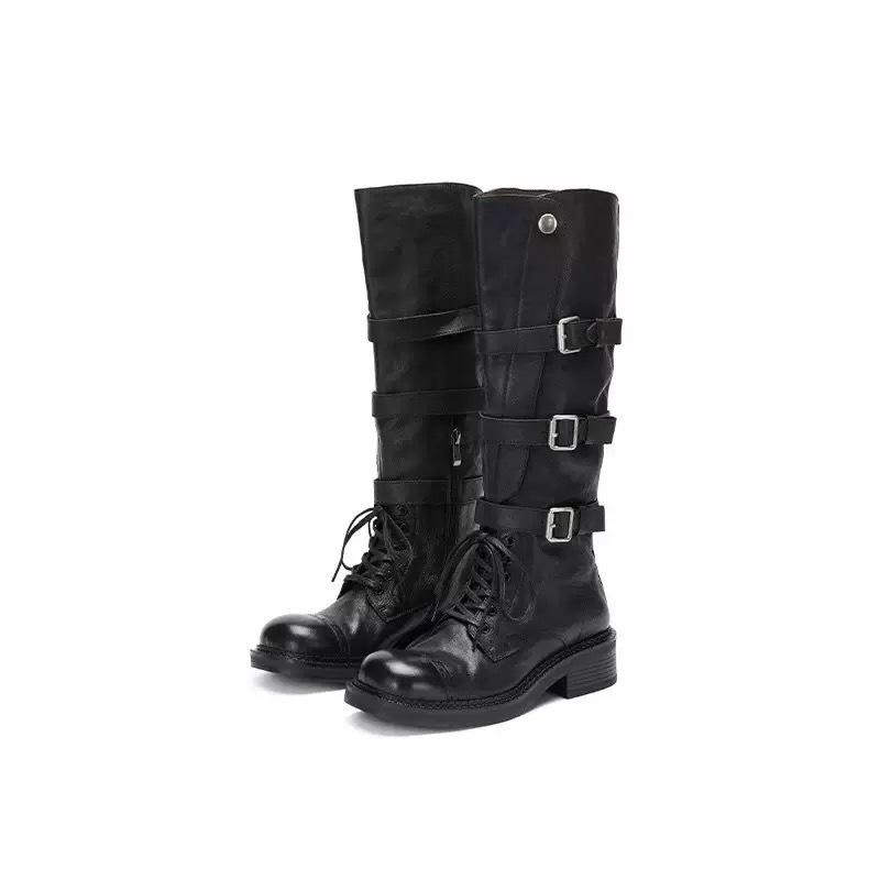 

Cowhide version straps medium and high knight boots women s boots brown boots leather thin Martin boots retro locomotive boots 40