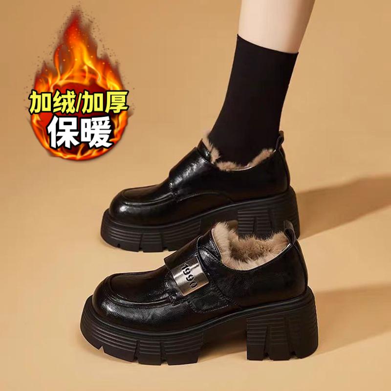 

Height-increasing British winter velvet black commuter leather shoes platform-soled warm cotton shoes 34 чёрный