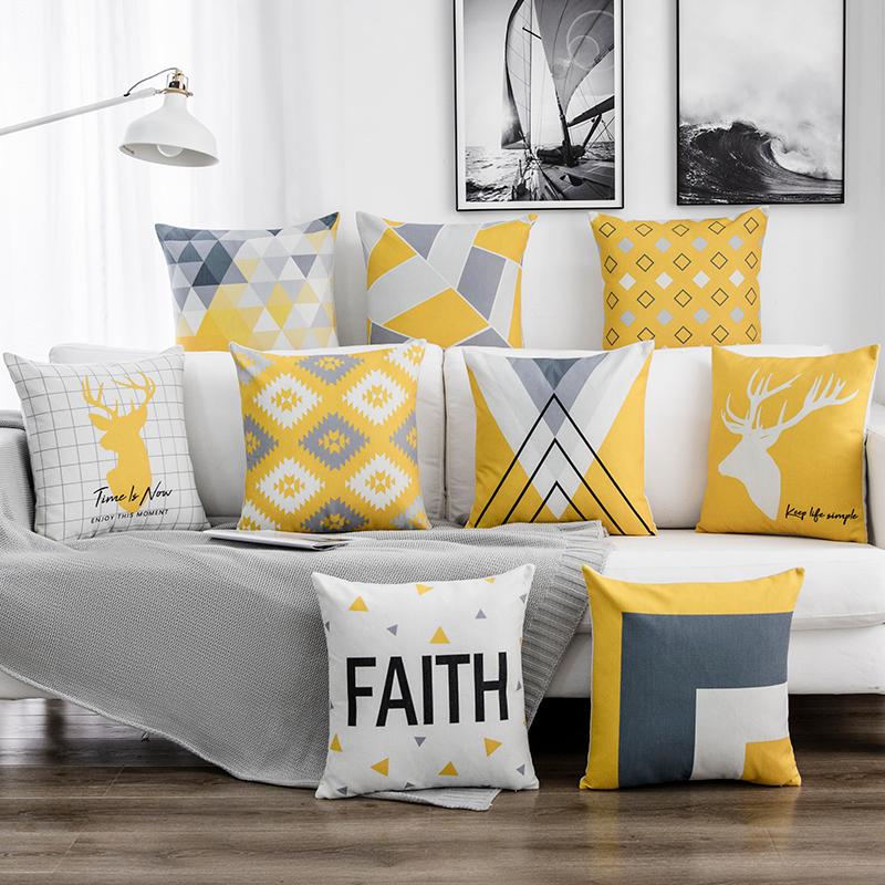 Creative Homewares Unisex Yellow/Gray Nordic Geometric Pillow Cover Home Decorative Pillows Geometry Deer Linen Pillow Case Cushion Cover Cojines Almofada