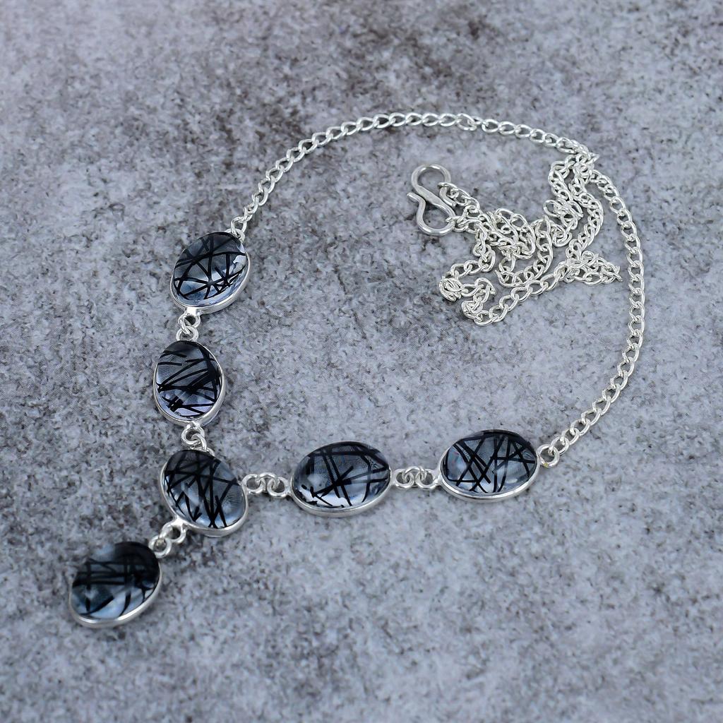 Black Rutile Gemstone Handmade 925 Sterling Silver Jewelry Necklace 18" M-409