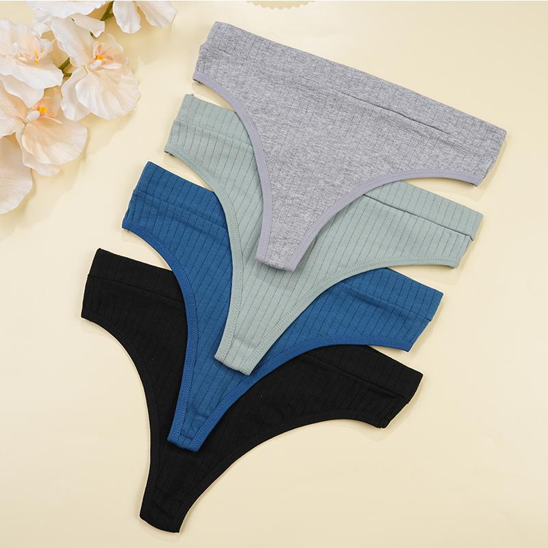 FINETOO 4 ks/sada Dámské bavlněné tanga kalhotky Ženské žebrované s nízkým pasem G-string Dámské sexy bikini string Dívčí měkké S-L Intimní prádlo