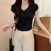 Korean shoulder v-neck short-sleeved t-shirt women's spring summer design feeling waist fold thin short Spice Girl top