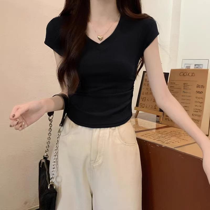 Korean shoulder v-neck short-sleeved t-shirt women's spring summer design feeling waist fold thin short Spice Girl top
