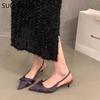 Fashion SUOJIALUN New Brand Women Sandal Shoes Fashion Pointed Toe Bow-Knot Shallow Slip On Slingback Shoes Thin Low Heel Dress Pumps
