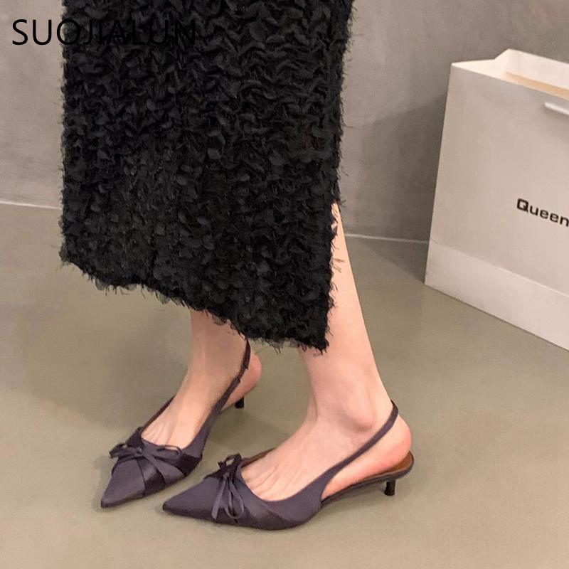 Fashion SUOJIALUN New Brand Women Sandal Shoes Fashion Pointed Toe Bow-Knot Shallow Slip On Slingback Shoes Thin Low Heel Dress Pumps