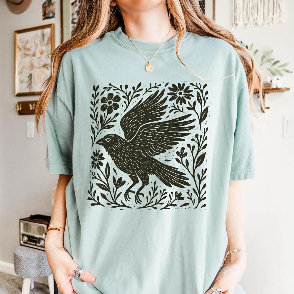 Retro Folklore Waldkrähe Linolschnitt Hemd Volkskunst Linolschnitt Krähe T-Shirt Kurzarm Baumwolle Unisex Y2K Lässiges Oberteil Streetwear
