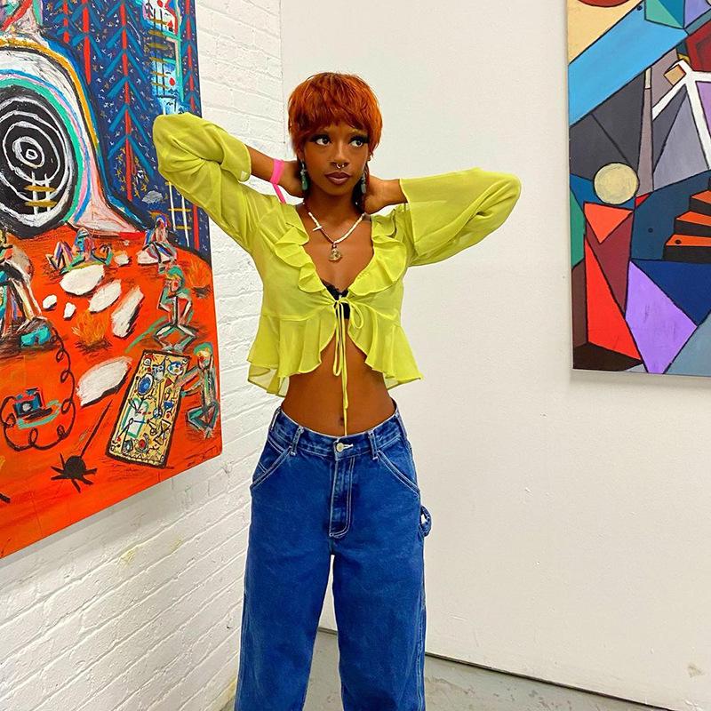 2025 Summer Deep V-Neck Ruffle Tie Long Sleeve Sheer Top