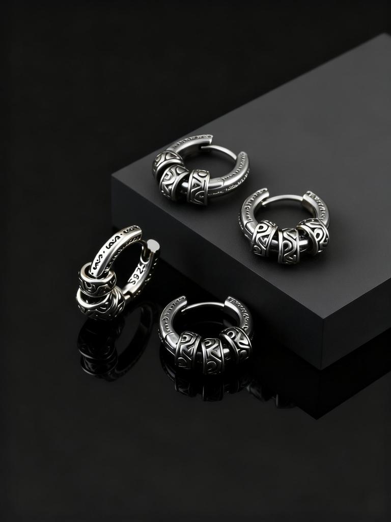 Vintage Totem Vine Pattern Hoop Earrings for Men, Hypoallergenic Metal Huggies Earrings, Rock Punk Piercing Jewelry Gift