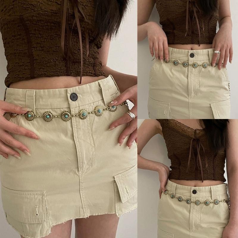 Damen Legierung geschnitzte Türkis Schnalle Taillenkette für Bankett Damen Kleid Gürtel