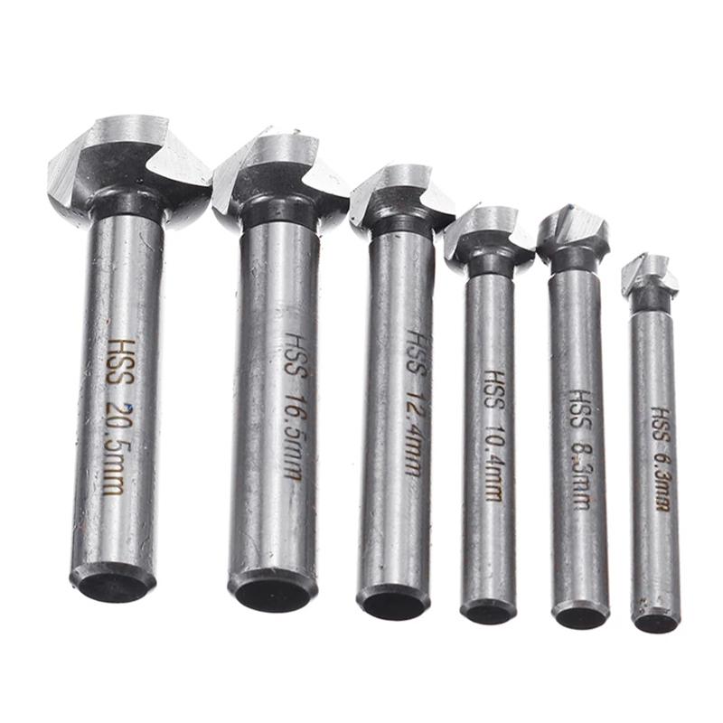 6Pcs 6.3-20.5mm Chamfering End Mill Cutter 3 Flute Round Shank 90 Degree HSS Countersink Deburring Tapered Drill Bit