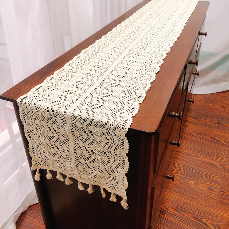 Boho Crochet Lace Polyester Table Runner with Tassels – Woven Rectangular Christmas Holiday Table Decor for Kitchen, Wedding, Dinner