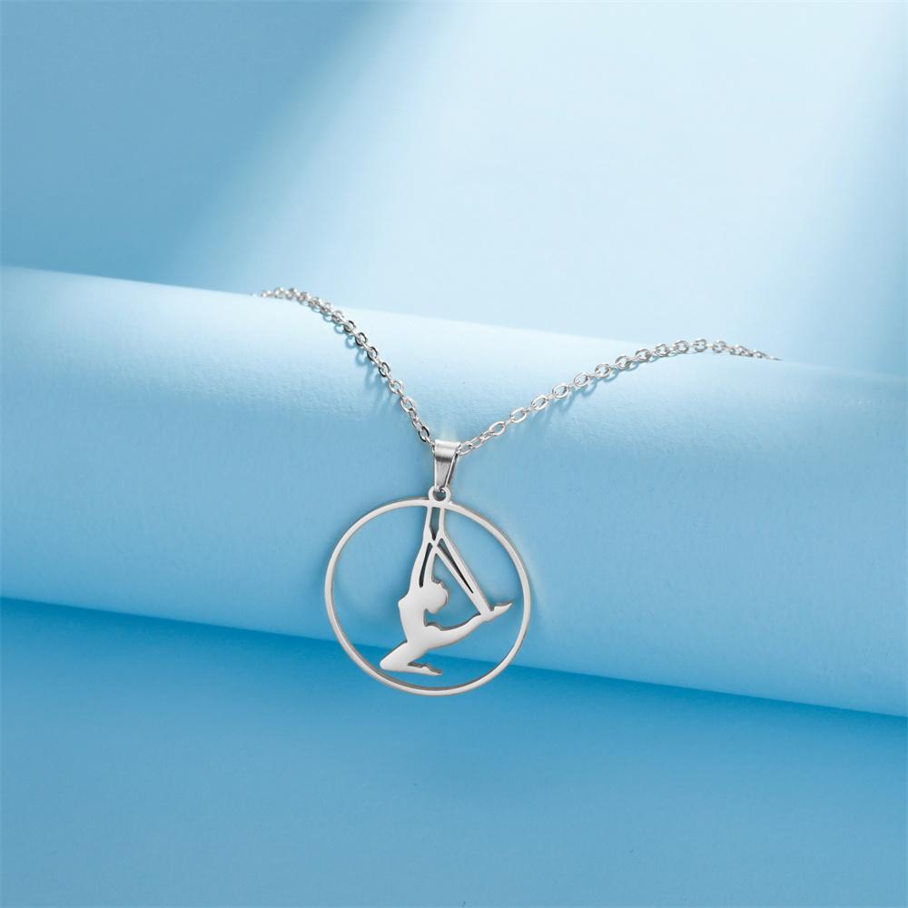 Dancer Rhythmic Gymnastics Round Pendant Necklaces for Women Girls Stainless Steel Gymnast Yoga Necklace Sport Jewelry