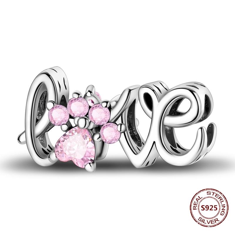 Copper Original Dog Cat Safety Chain Lazy Cat Pink Zircon Pet Paw Print Footprint Charms Fit Bracelet For Women Diy Jewelry