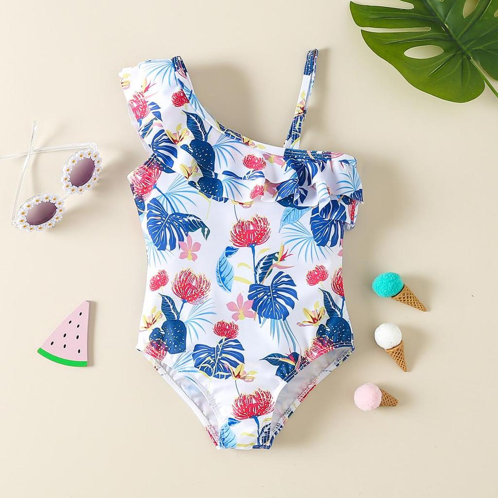 Girls' Floral One-Shoulder Swimsuit with Cute Print