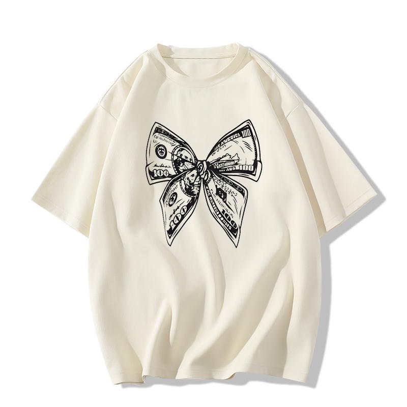 European Style Chic Bow Print Short Sleeve Slimming T-shirt for Women - Summer Trendy Spicy Girl Look, 200g, Petite Fit
