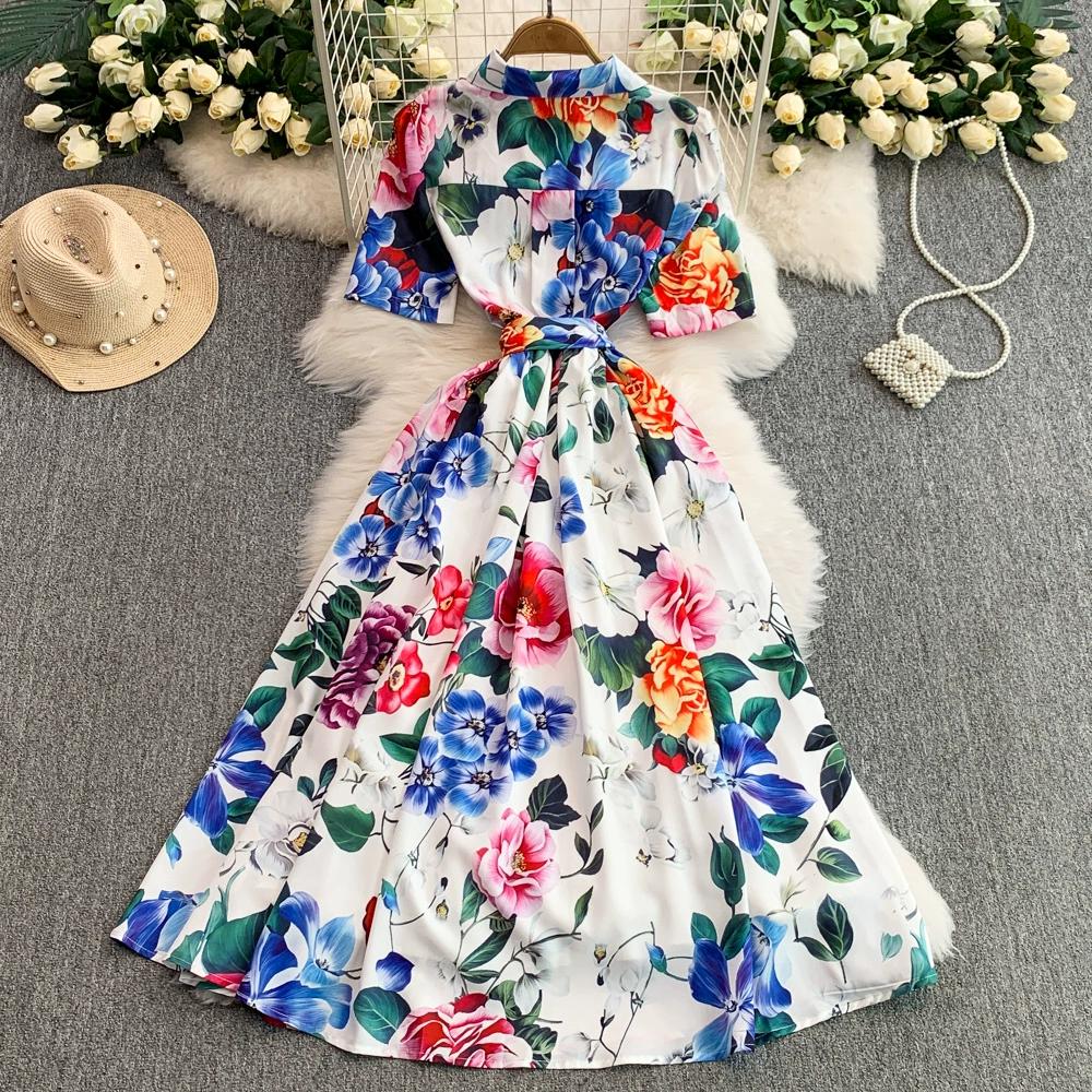 Summer Women Designer Print Runway Dress Elegant Turn-down Collar Office Work Midi Lace-up Shirt Dresses