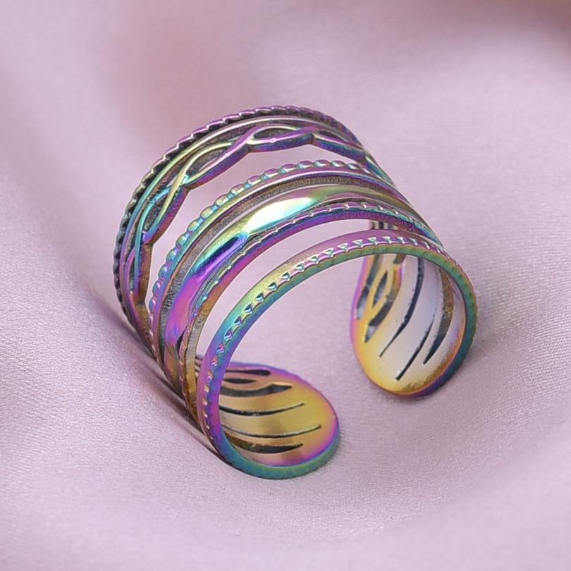Trendy Irregular Rainbow Color Open Ring Metal Stainless Steel Rings For Women Men Accessories Hollow Finger Jewelry Anniversary