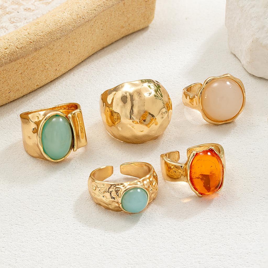 5 pieces of fashionable and personalized irregular wide ring with edge wrapped moonstone round buckle stacked open ring