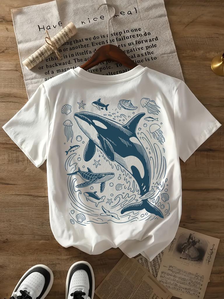 T-shirt Grafica Orca Killer Whale Profondo Mare Donna Moda Estiva Manica Corta Tee Streetwear Retrò Top Estetica Marina da Donna