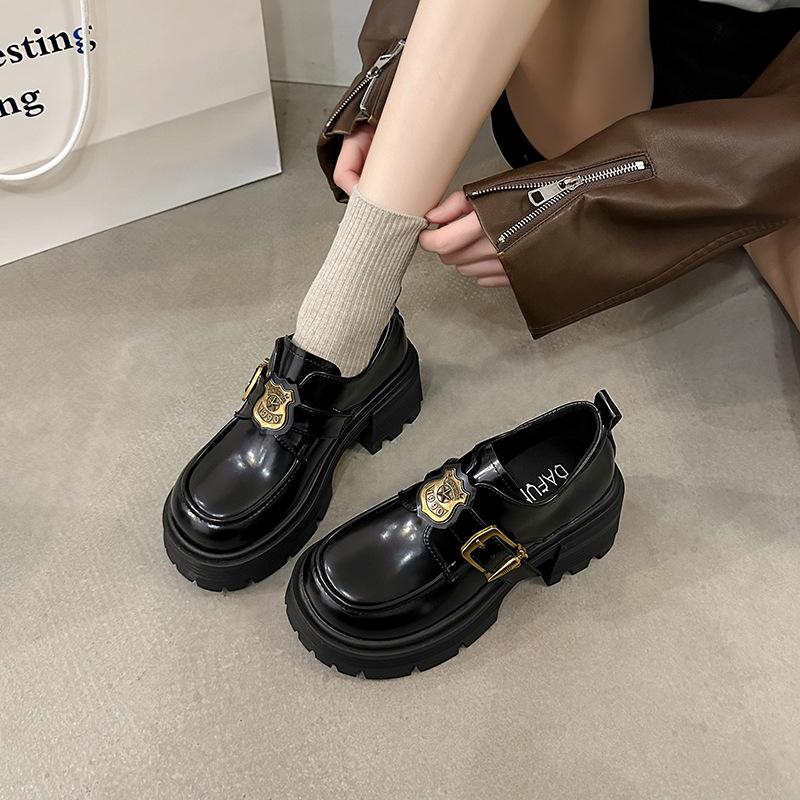 Retro Damen-Slingpumps mit dickem Absatz, Dameneinzelschuhe 2025 Frühling neu, dicksohlige Muffinsohle, britischer Stil, runde Spitze, kleine Lederschuhe Damen