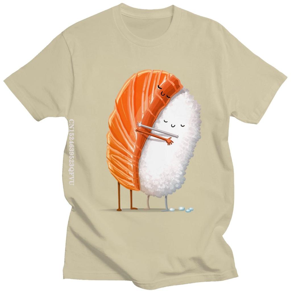 Cute Sushi Hug Tshirts Unisex Pure Cotton Cartoon Japanese Food Tee Streetwear Fashion Top Vintage Novelty Graphic Tshirt