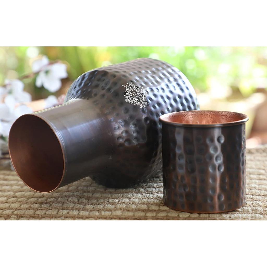 Copper Bedroom Water Bottle with Inbuilt Glass, Ghada Design, Hammered Antique Dark Finish - Drinkware & Storage Purpose, Volume 1530 Ml (Pack of 2)