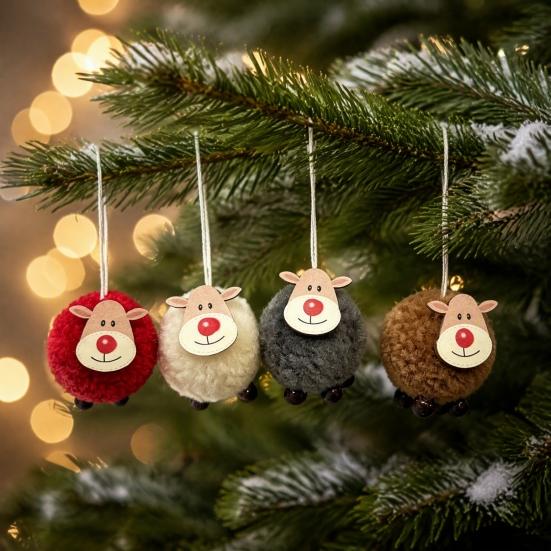 Christmas Tree Ornaments 4Pcs Elk Hanging with Wooden Faces, Reindeer Pendants Holiday Party Supplies for Xmas Home Decor And Decorations Rustic