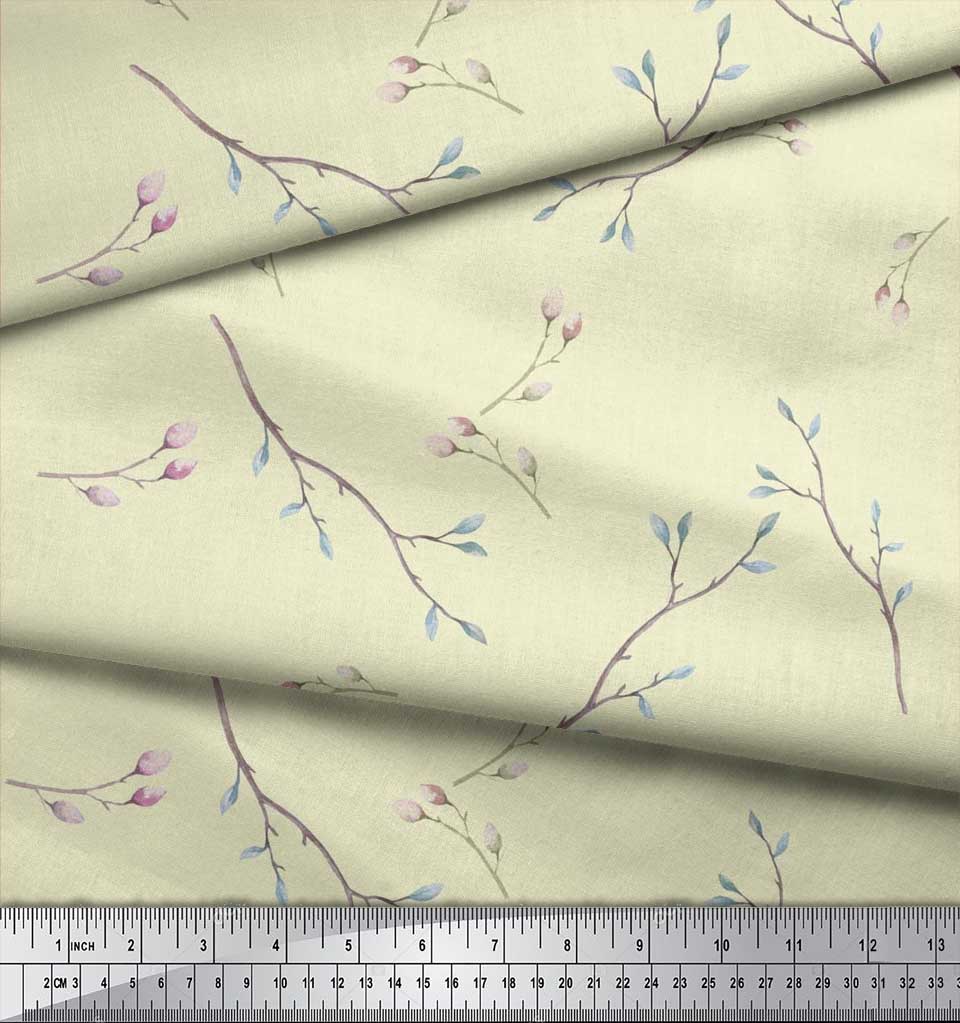 Soimoi Japan Crepe Satin Fabric Leaves & Buds Flower Print Fabric by the metre 42 Inch