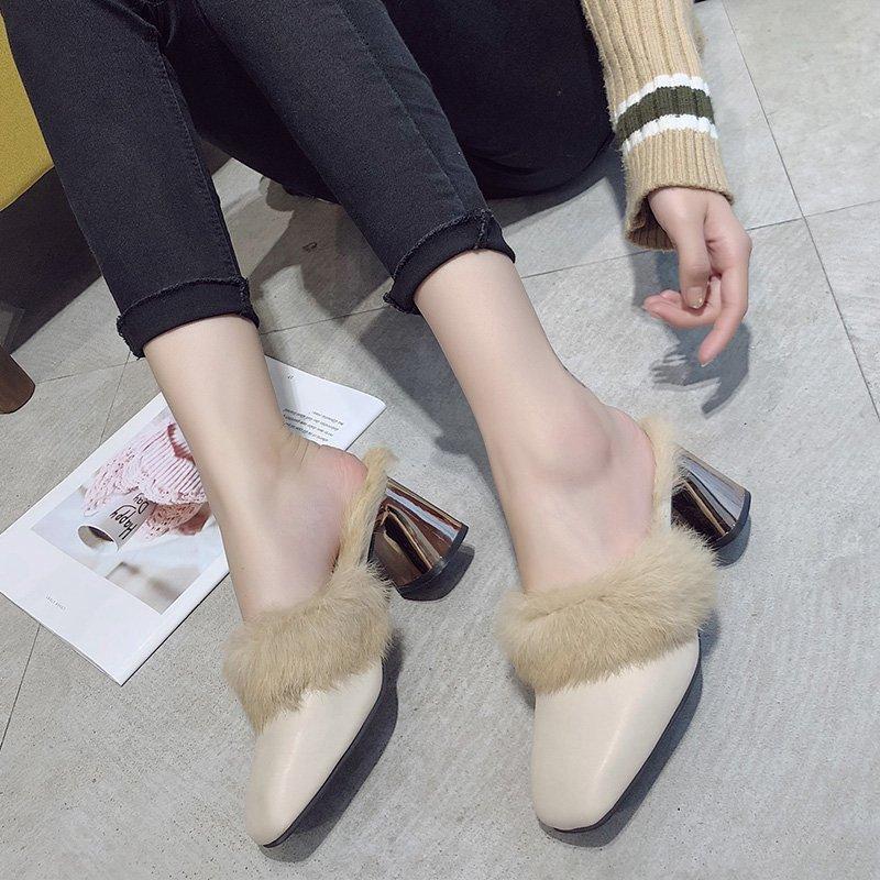 Women's Warm Furry Slippers Women's Shoes Winter Pointed Toe Luxury Furry Square Heel Women's Indoor Slippers