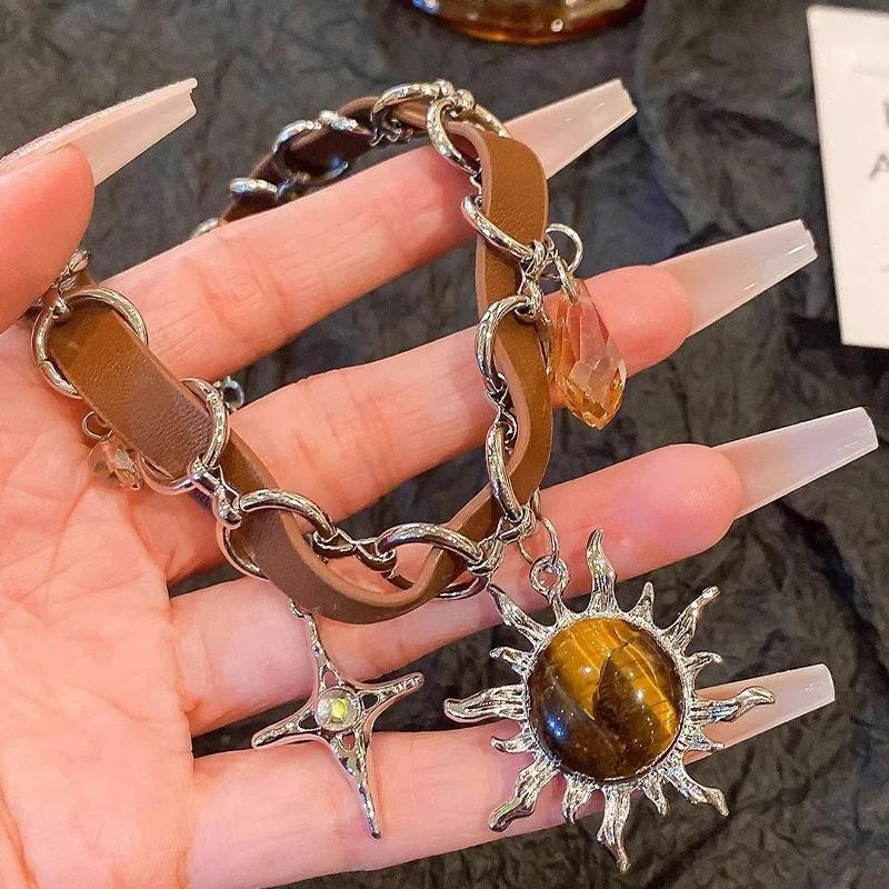 Punk Gothic Leather Sunflower Brown Necklace Stars Moon Vintage Pendant Chocker Necklaces for Women Fashion  Couple Gift