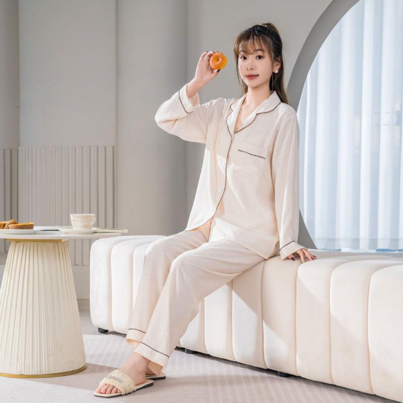 Mao Ma Sha Damen Pyjama-Set, Langarm, Lange Hose, Strickjacke, Große Größen, Revers-Design, Für Zuhause oder Draußen, Frühling/Herbst.