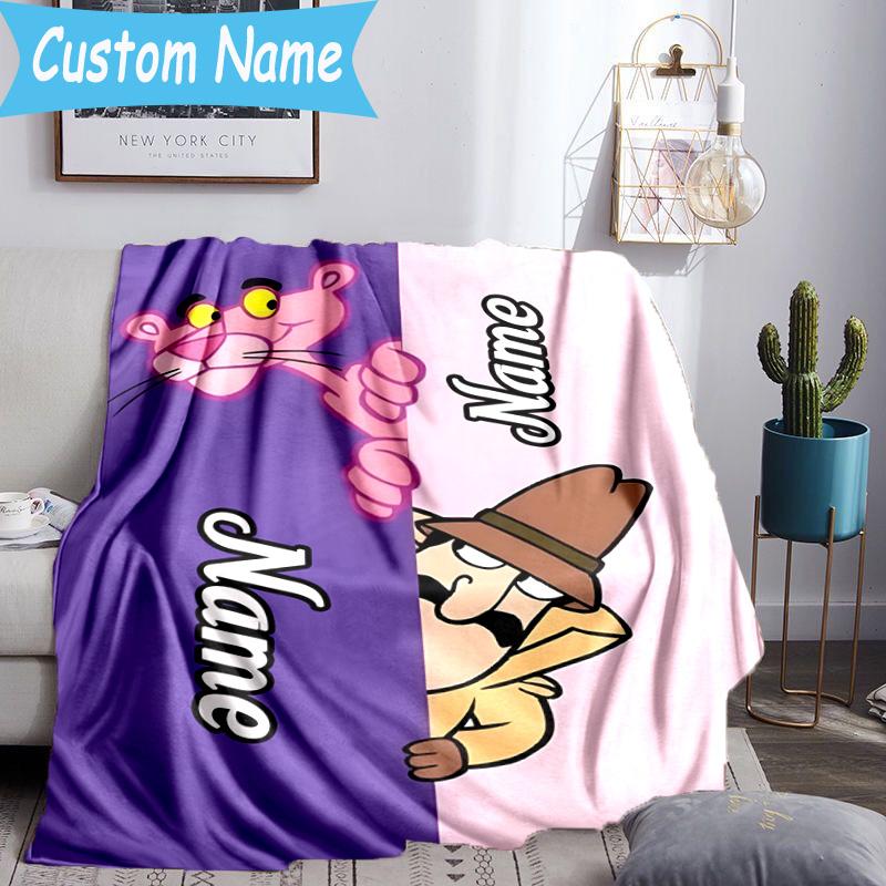 1PC Custom Name Pink-Panther Throws Blanket Flannel Blankets for Couch Bed Gifts for Men Women Travel Picnic Christmas fan Gifts