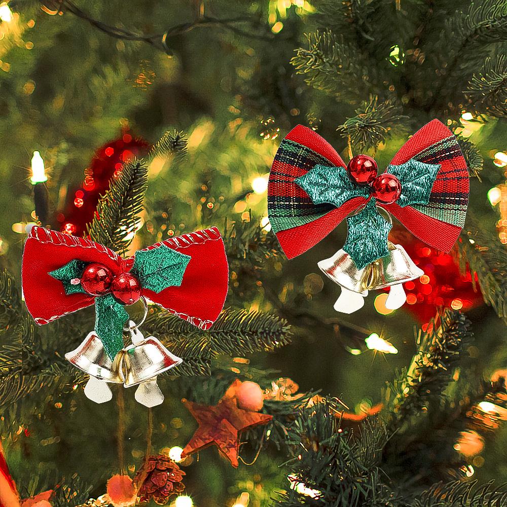 1/12Pcs Red Christmas Bow with Bell Xmas Tree Wreaths Hanging Pendant Mini Bowknot Ornament DIY Crafts Gift New Year Decorations