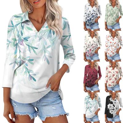 Women's Fashion Casual Button 3/4 Sleeve Floral Print Lapel  Shirt Top