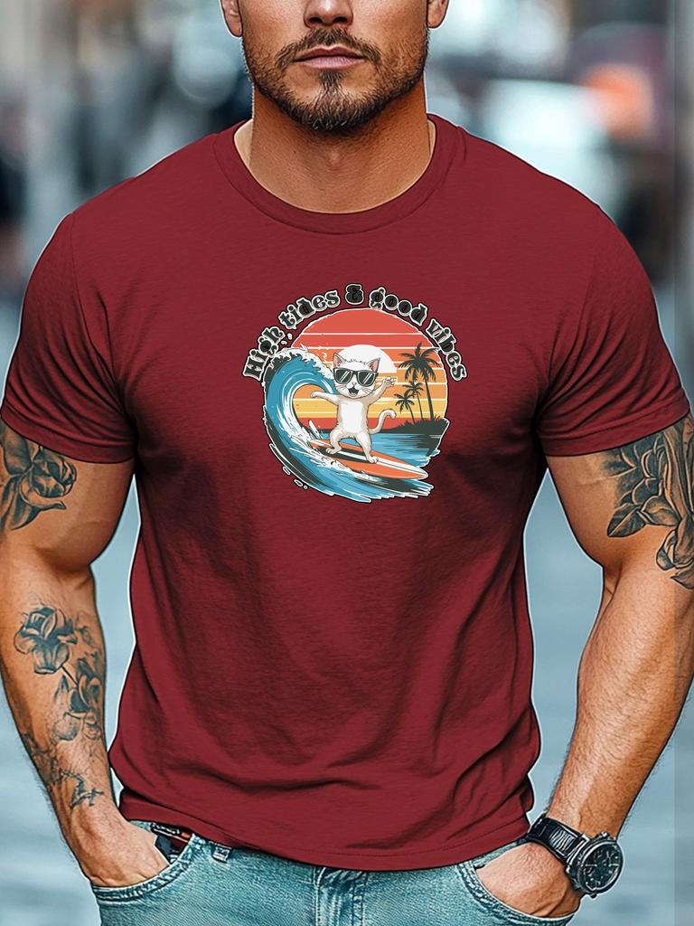 Mens Surfing TShirt High Tides Good Vibes Cat Print Short Sleeve Round Neck Breathable Oversized Beach Daily Wear