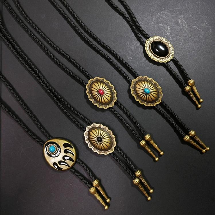 Western Shoestring Necktie Braided Belt Tie Cool Charm Engraved Stone Pendant for Women Men