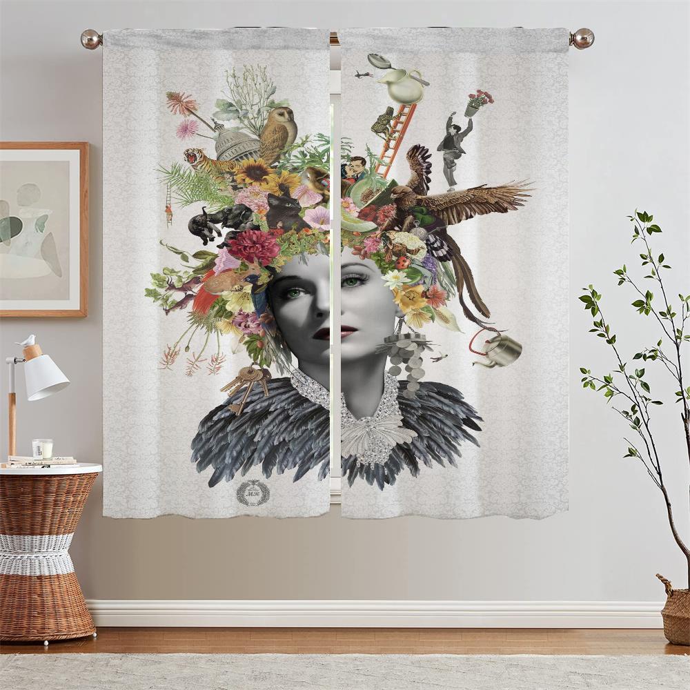 Modern Home Decoration Woman Portrait Short Window Curtains for Doors Children's Room Curtains for Living Room 2 Elegant Pieces
