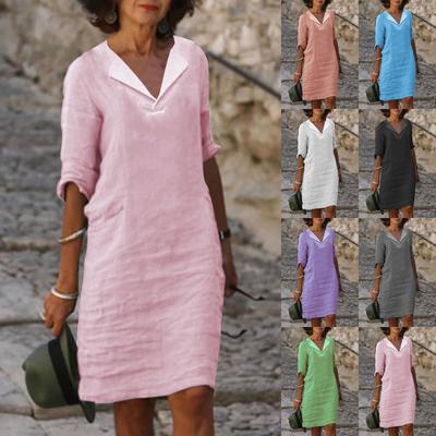 Women's Slimming Color Mid-Sleeve V-neck Cotton Linen Dress
