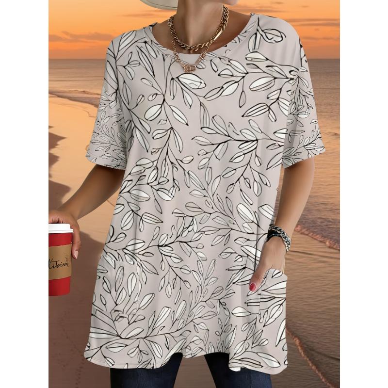Large size women's T-shirt with black and white leaf vein print and pockets