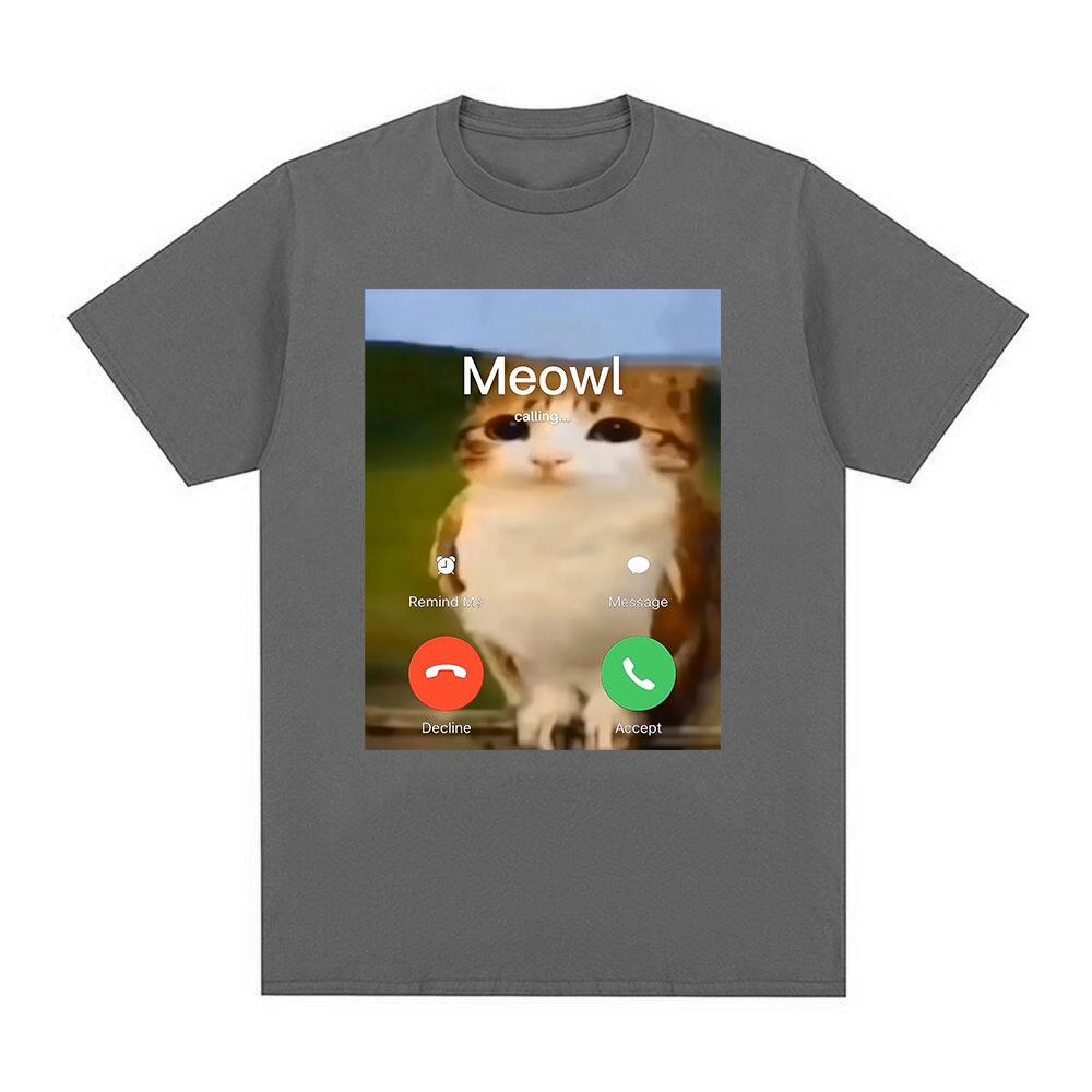 Meowl Is Calling Phone Call Meme Brainrot Funny Cat Owl Tshirts Mens Clothing Fashion Summer Short Sleeves Cotton T Shirts