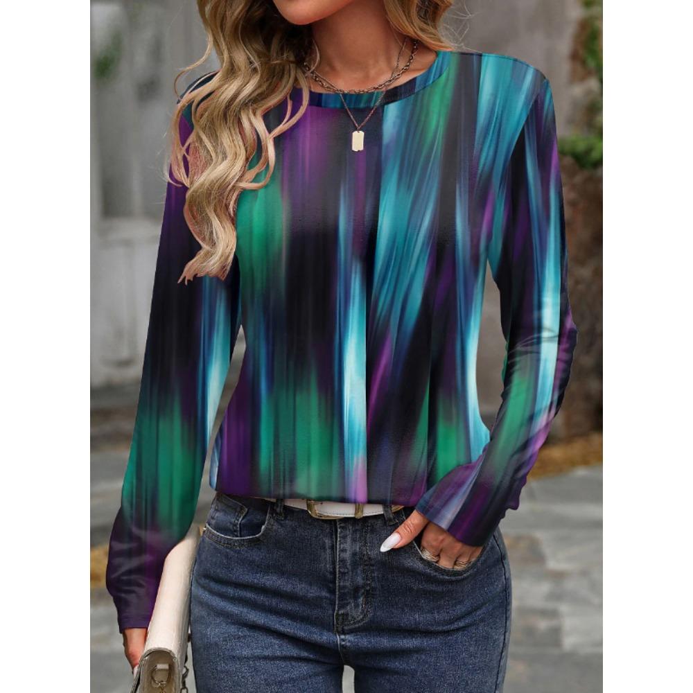 Tops for Women Abstract Design Print Round Neck Long Sleeve T-shirt Fall Casual Slim Pullover Women's Long Sleeve Top
