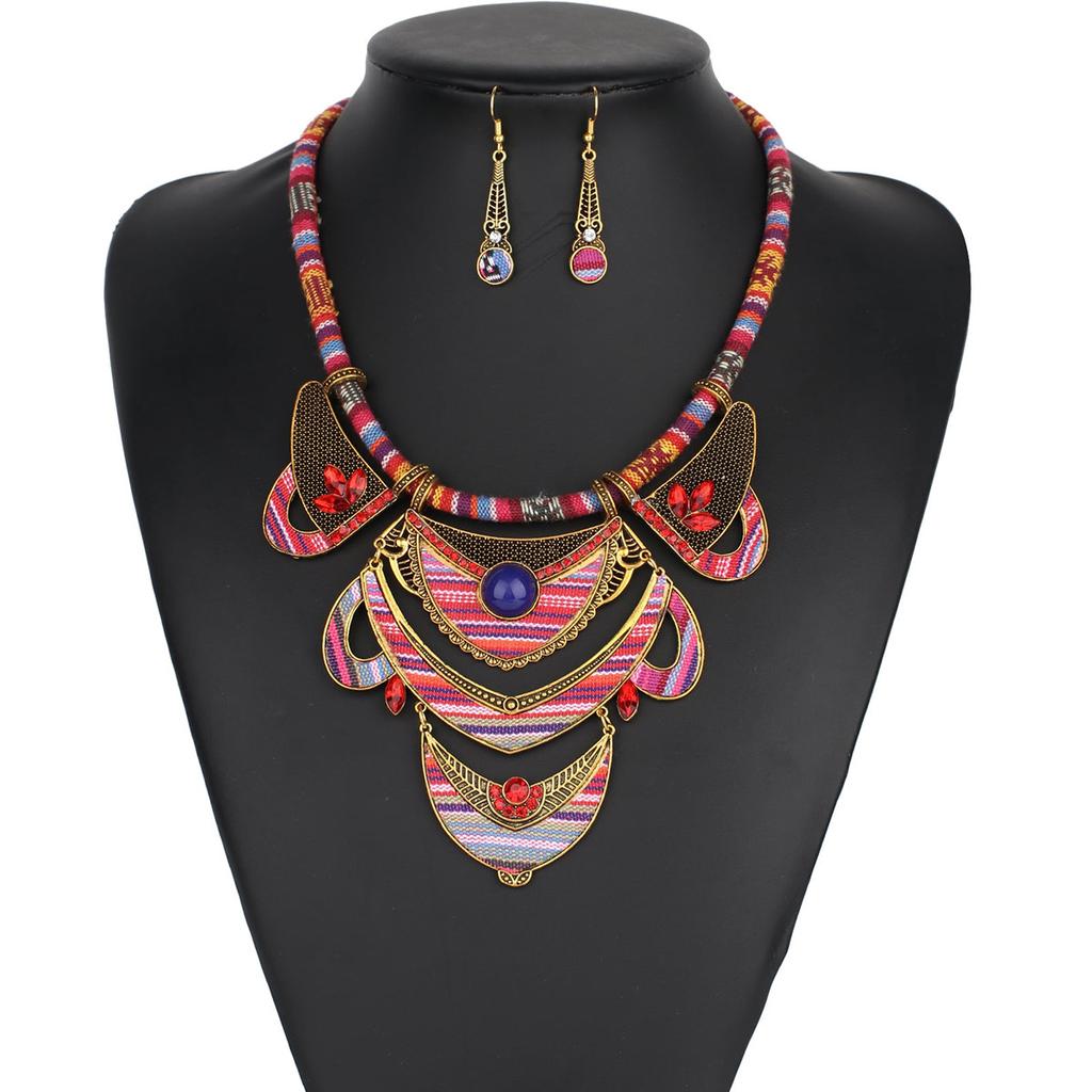 Popular Bohemian Ethnic Style Exaggerated Jewelry Set Women's Necklace Earrings Diamond Jewelry