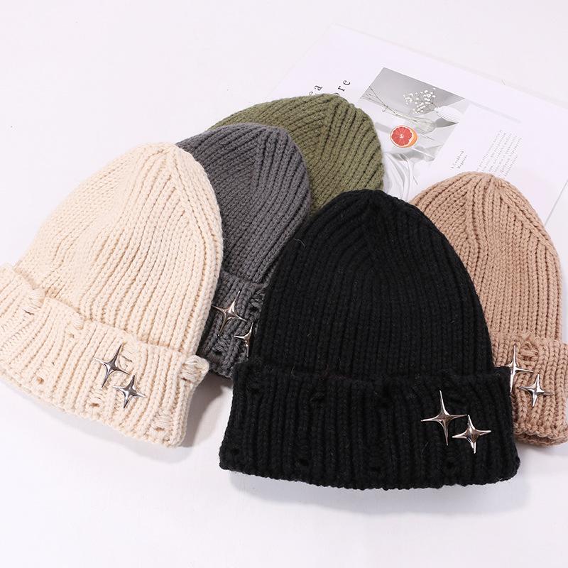 Hat Men and Women Stars Ripped Wool Hat Japanese Pointed Knit Hat Autumn and Winter Warm Pullover Cold Hat