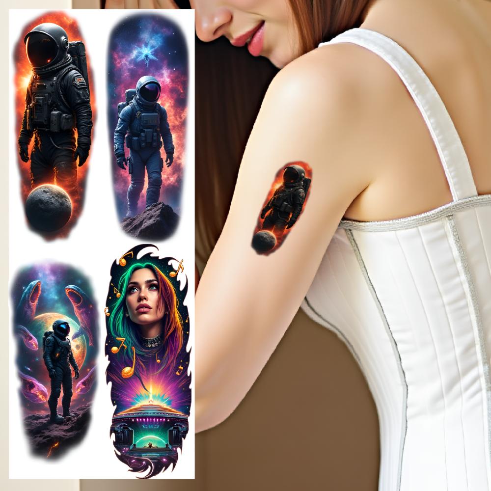 9pcs Temporary Tattoo Spaceship Colorful Realism Black Hole Planet Waterproof Long-lasting Body Stickers Alien For Men Arms
