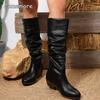 Fashion Women's Size 36-43 Pleated High Boots British Style Autumn New Thick Heel Retro Sleeve Women's Comfortable Mid-heeled Boots