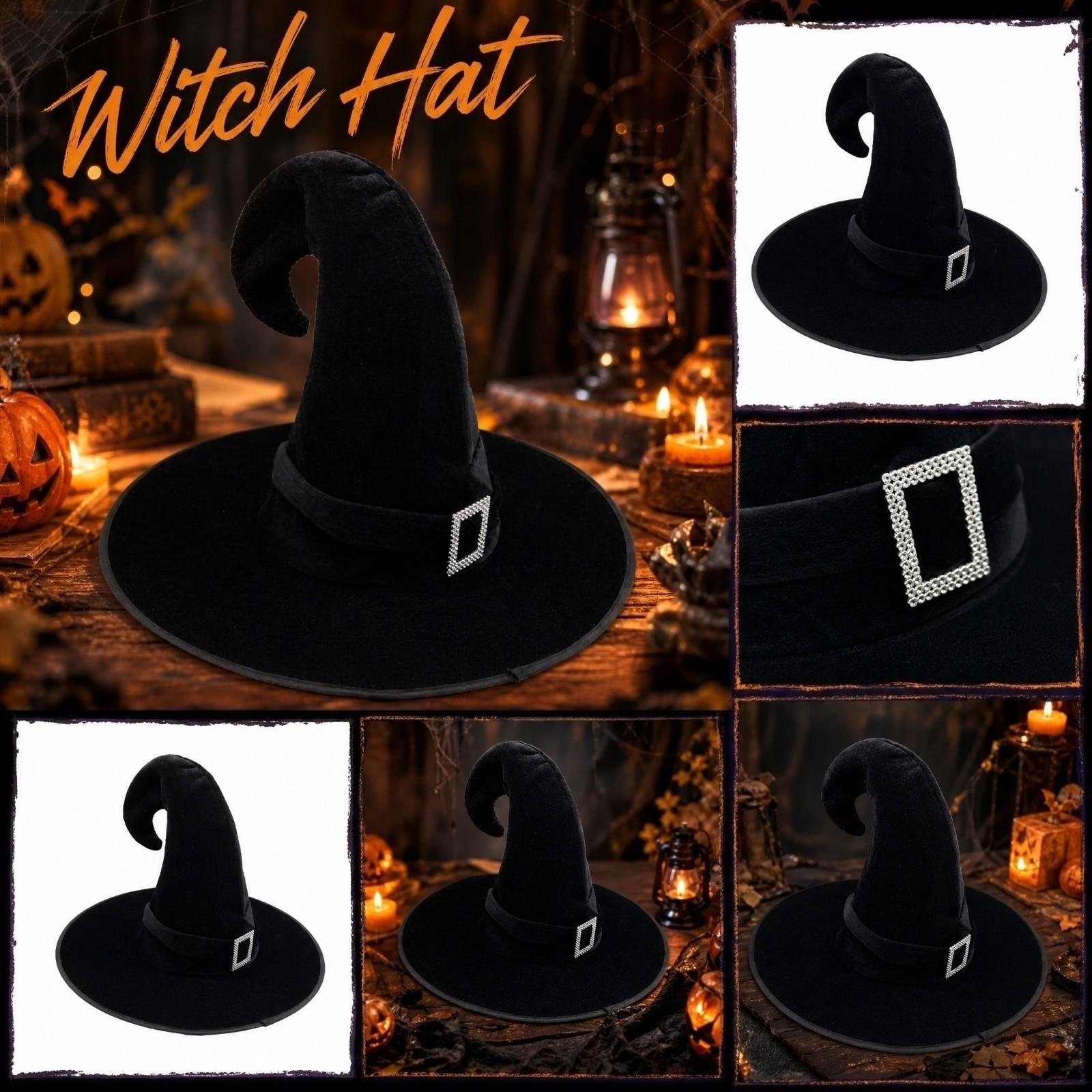 Halloween Velvet Witch Hat with Curved Tip for Costume Party and Dress Up One Size