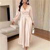 Women's Satin V Neck Wrap Lantern Sleeve Bandage Waist Pleated Maxi Dress Solid Color Casual Dress